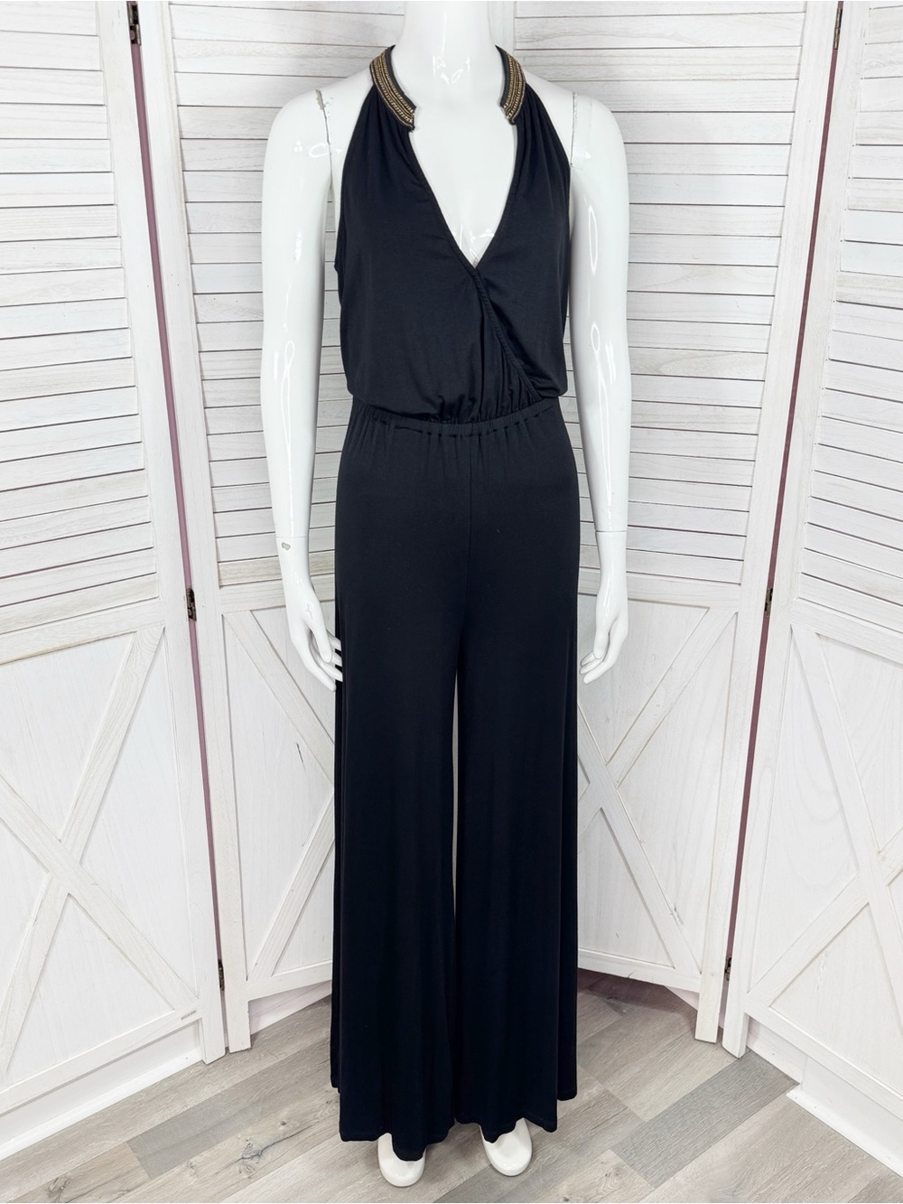 Y2K Vintage Bebe Chain Detail Deep V Neck Wide Leg‎ Jumpsuit Black Medium Knit